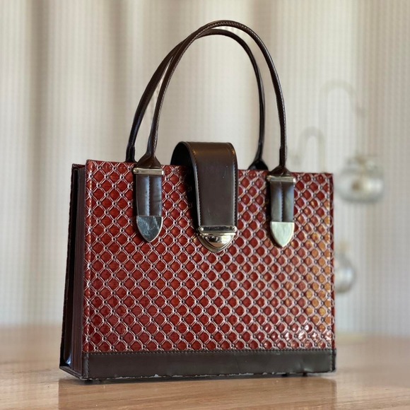 Rare Vintage Accordion File Organizer Handbag Purse Brown Red Quilted Patent - Picture 1 of 8